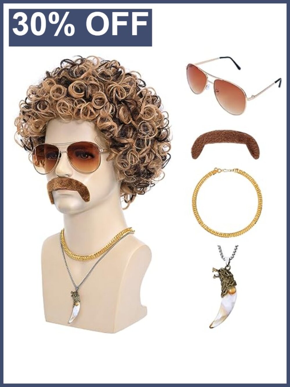 70s 80s Disco Wig Set with Mustache Glasses Chain Necklace Heat Resistant